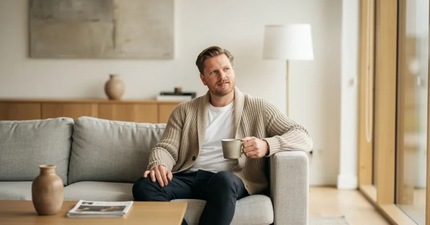 Man i stickad kavaj sitter avslappnat i modern vardagsrum