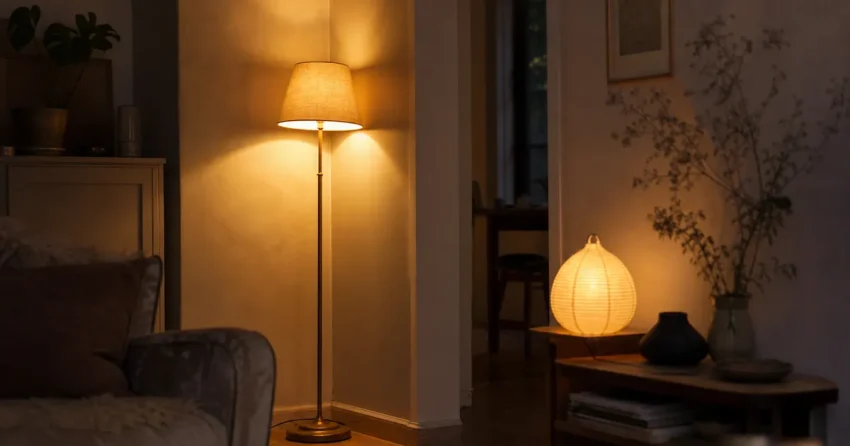 Golvlampa och bordslampa ger varmt ljus i ett hörn av vardagsrummet
